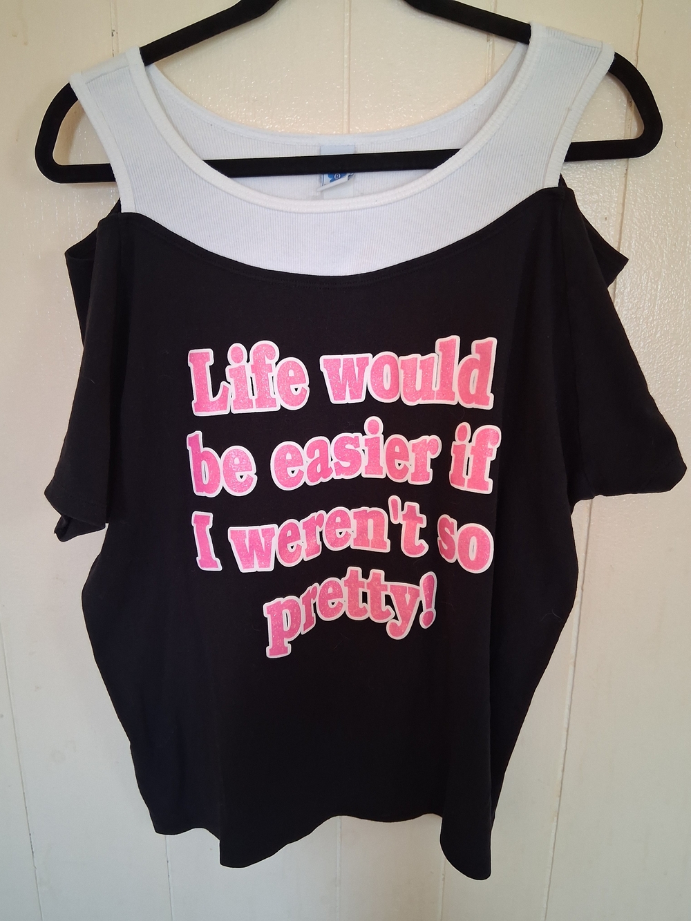 Cold Shoulder Graphic Tee - Black with Pink Text